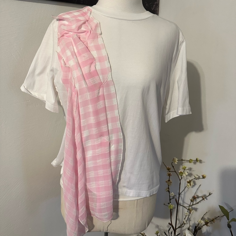 White T-Shirt with Pink Checkered Scarf Accent